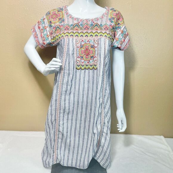 Johnny Was Yoke White/Blue Stripe Tamia Embroidered Pheasant Dress Women’s Sz XS - Picture 1 of 13